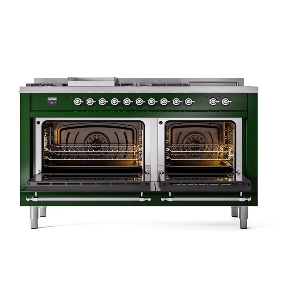 Ilve UN60FSQNMPEGC Ilve Un60Fsqnmpegc Nostalgie Ii Noblesse 60" Dual Fuel Range (7 Sealed Burners   Griddle   French Top, Natural Gas, Solid Door, Emerald Green, Chrome)