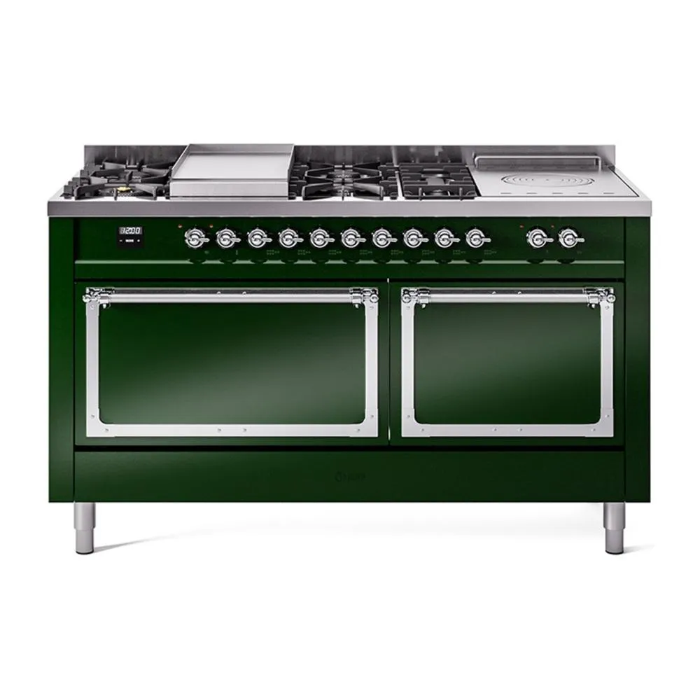 Ilve UN60FSQNMPEGC Ilve Un60Fsqnmpegc Nostalgie Ii Noblesse 60" Dual Fuel Range (7 Sealed Burners   Griddle   French Top, Natural Gas, Solid Door, Emerald Green, Chrome)