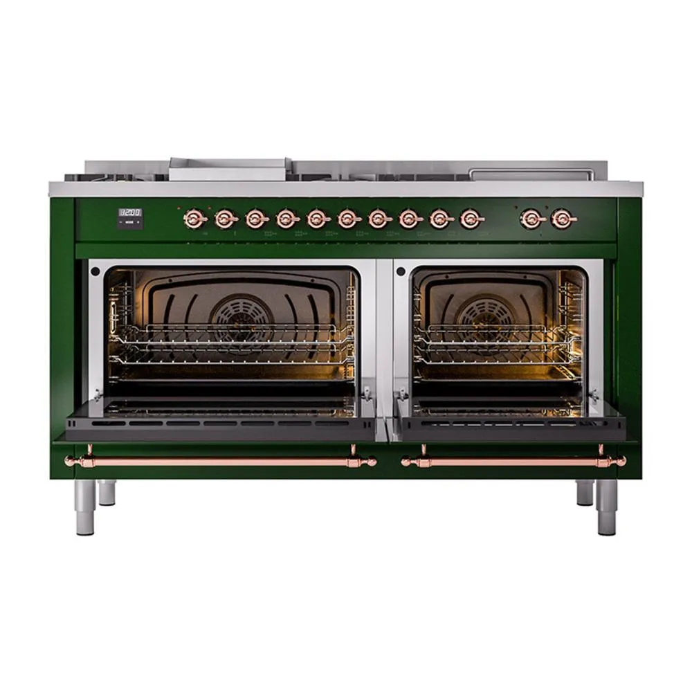 Ilve UN60FSQNMPEGP Ilve Un60Fsqnmpegp Nostalgie Ii Noblesse 60" Dual Fuel Range (7 Sealed Burners   Griddle   French Top, Natural Gas, Solid Door, Emerald Green, Copper)