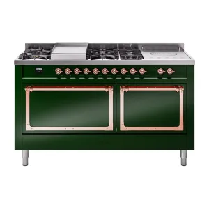 Ilve UN60FSQNMPEGP Ilve Un60Fsqnmpegp Nostalgie Ii Noblesse 60" Dual Fuel Range (7 Sealed Burners   Griddle   French Top, Natural Gas, Solid Door, Emerald Green, Copper)