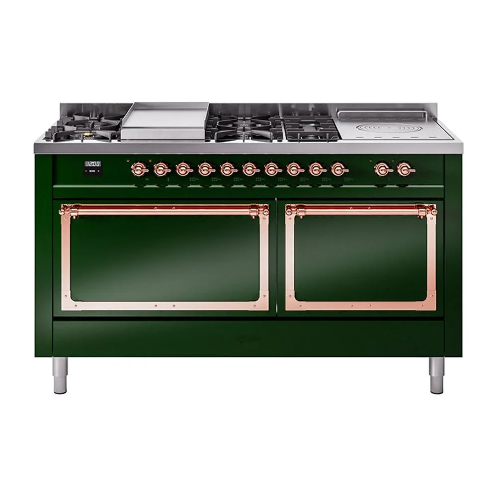 Ilve UN60FSQNMPEGP Ilve Un60Fsqnmpegp Nostalgie Ii Noblesse 60" Dual Fuel Range (7 Sealed Burners   Griddle   French Top, Natural Gas, Solid Door, Emerald Green, Copper)