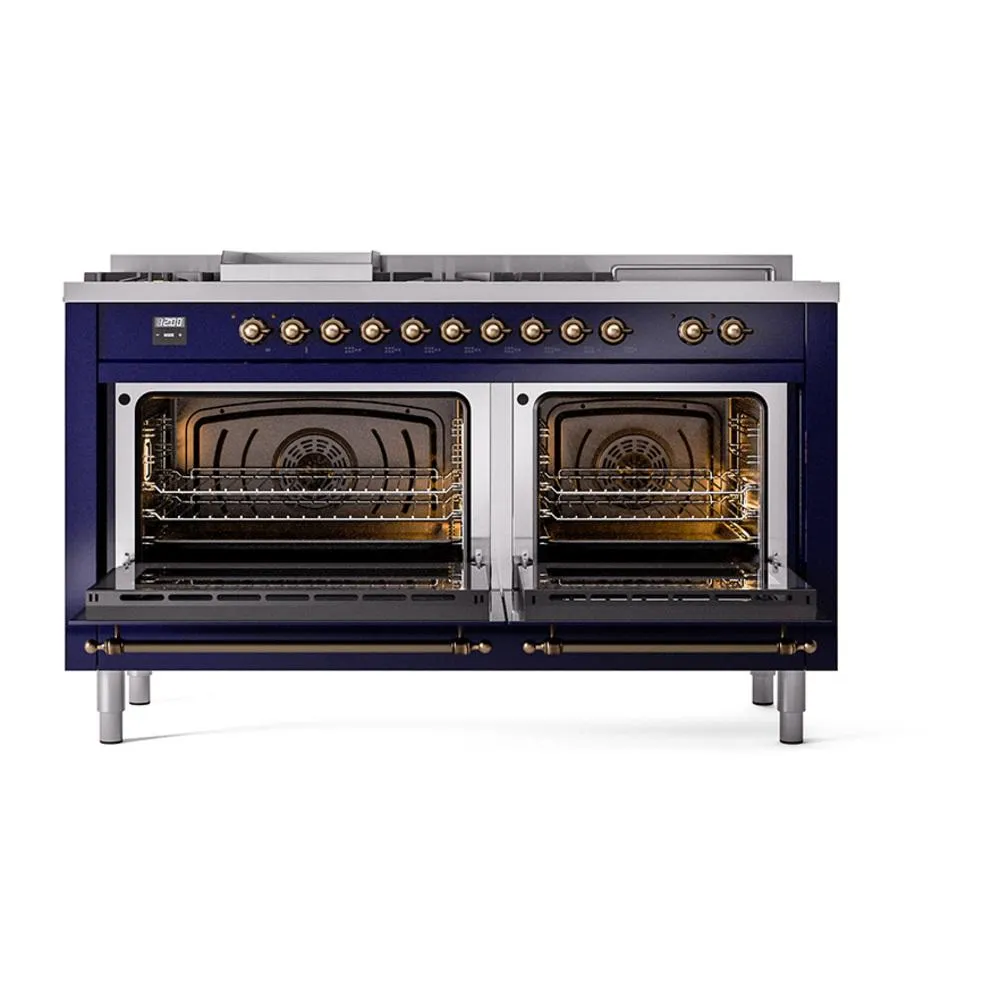 Ilve UN60FSQNMPMBB Ilve Un60Fsqnmpmbb Nostalgie Ii Noblesse 60" Dual Fuel Range (7 Sealed Burners   Griddle   French Top, Natural Gas, Solid Door, Midnight Blue, Burnished)