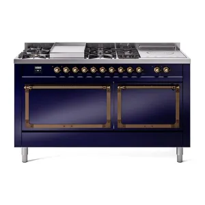 Ilve UN60FSQNMPMBB Ilve Un60Fsqnmpmbb Nostalgie Ii Noblesse 60" Dual Fuel Range (7 Sealed Burners   Griddle   French Top, Natural Gas, Solid Door, Midnight Blue, Burnished)