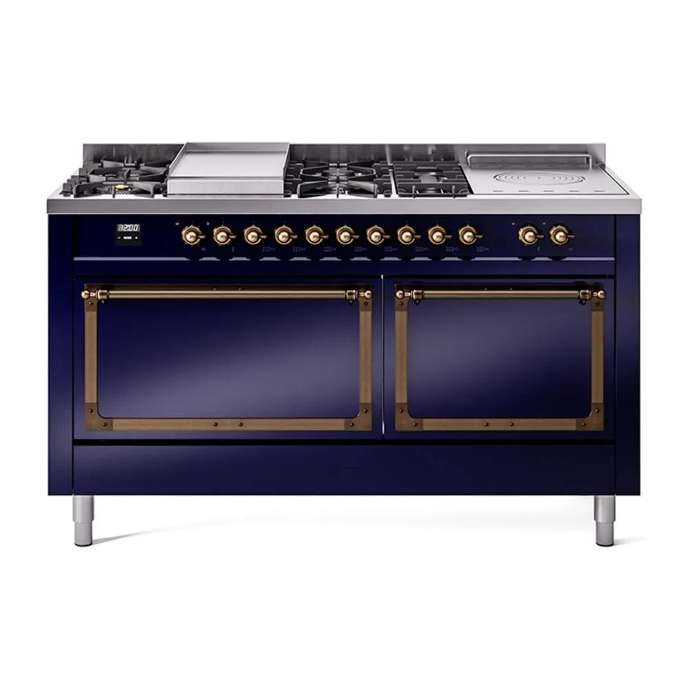 Ilve UN60FSQNMPMBB Ilve Un60Fsqnmpmbb Nostalgie Ii Noblesse 60" Dual Fuel Range (7 Sealed Burners   Griddle   French Top, Natural Gas, Solid Door, Midnight Blue, Burnished)