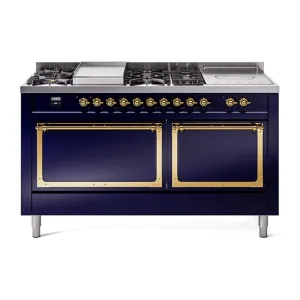 Ilve UN60FSQNMPMBG Ilve Un60Fsqnmpmbg Nostalgie Ii Noblesse 60" Dual Fuel Range (7 Sealed Burners   Griddle   French Top, Natural Gas, Solid Door, Midnight Blue, Brass)