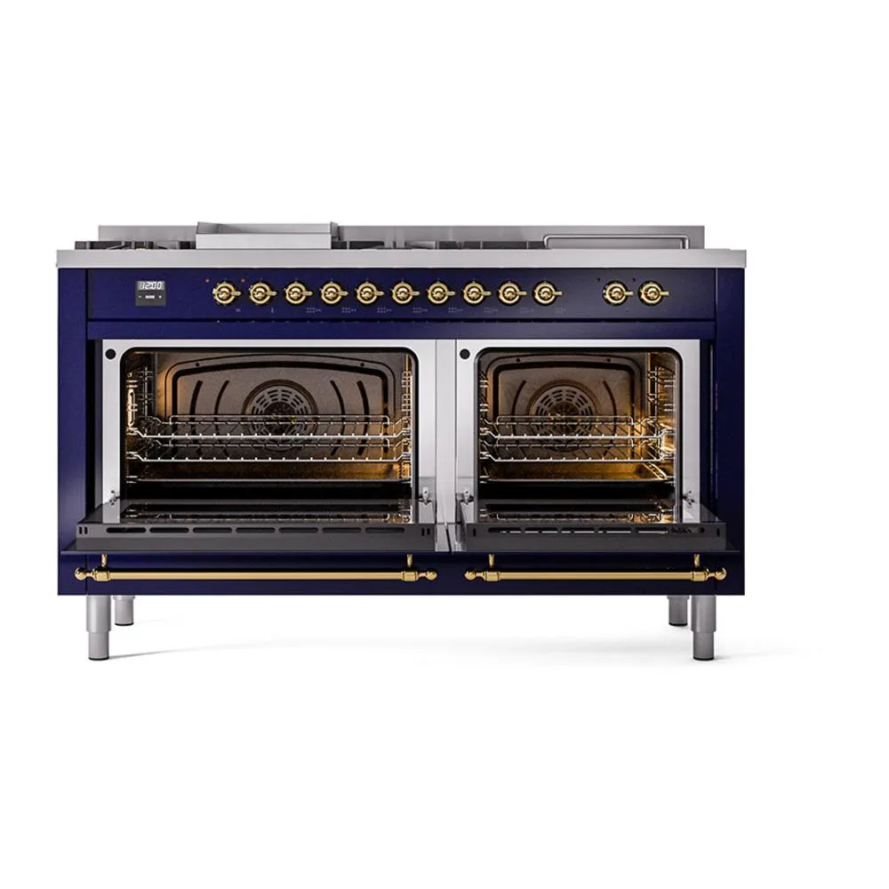 Ilve UN60FSQNMPMBG Ilve Un60Fsqnmpmbg Nostalgie Ii Noblesse 60" Dual Fuel Range (7 Sealed Burners   Griddle   French Top, Natural Gas, Solid Door, Midnight Blue, Brass)