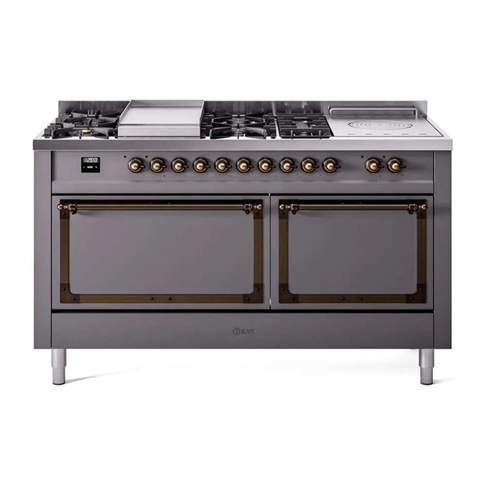 Ilve UN60FSQNMPMGB Ilve Un60Fsqnmpmgb Nostalgie Ii Noblesse 60" Dual Fuel Range (7 Sealed Burners   Griddle   French Top, Natural Gas, Solid Door, Graphite Matte, Burnished)