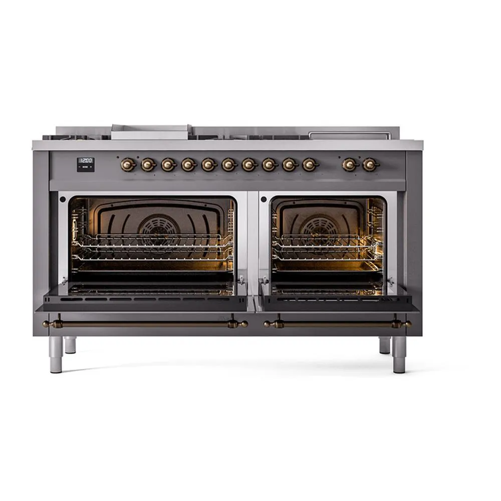 Ilve UN60FSQNMPMGB Ilve Un60Fsqnmpmgb Nostalgie Ii Noblesse 60" Dual Fuel Range (7 Sealed Burners   Griddle   French Top, Natural Gas, Solid Door, Graphite Matte, Burnished)