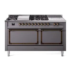 Ilve UN60FSQNMPMGB Ilve Un60Fsqnmpmgb Nostalgie Ii Noblesse 60" Dual Fuel Range (7 Sealed Burners   Griddle   French Top, Natural Gas, Solid Door, Graphite Matte, Burnished)