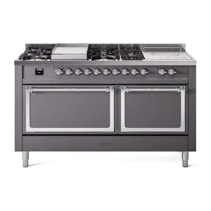 Ilve UN60FSQNMPMGCLP Ilve Un60Fsqnmpmgclp Nostalgie Ii Noblesse 60" Dual Fuel Range (7 Sealed Burners   Griddle   French Top, Liquid Propane, Solid Door, Graphite Matte, Chrome)