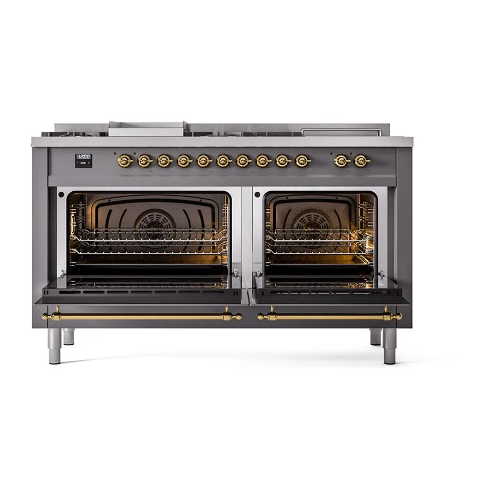 Ilve UN60FSQNMPMGG Ilve Un60Fsqnmpmgg Nostalgie Ii Noblesse 60" Dual Fuel Range (7 Sealed Burners   Griddle   French Top, Natural Gas, Solid Door, Graphite Matte, Brass)