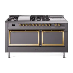 Ilve UN60FSQNMPMGG Ilve Un60Fsqnmpmgg Nostalgie Ii Noblesse 60" Dual Fuel Range (7 Sealed Burners   Griddle   French Top, Natural Gas, Solid Door, Graphite Matte, Brass)