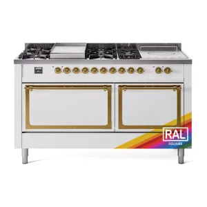 Ilve UN60FSQNMPRAG Ilve Un60Fsqnmprag Nostalgie Ii Noblesse 60" Dual Fuel Range (7 Sealed Burners   Griddle   French Top, Natural Gas, Solid Door, Ral, Brass)