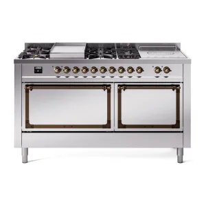Ilve UN60FSQNMPSSB Ilve Un60Fsqnmpssb Nostalgie Ii Noblesse 60" Dual Fuel Range (7 Sealed Burners   Griddle   French Top, Natural Gas, Solid Door, Stainless Steel, Burnished)