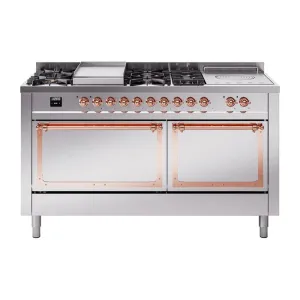 Ilve UN60FSQNMPSSP Ilve Un60Fsqnmpssp Nostalgie Ii Noblesse 60" Dual Fuel Range (7 Sealed Burners   Griddle   French Top, Natural Gas, Solid Door, Stainless Steel, Copper)