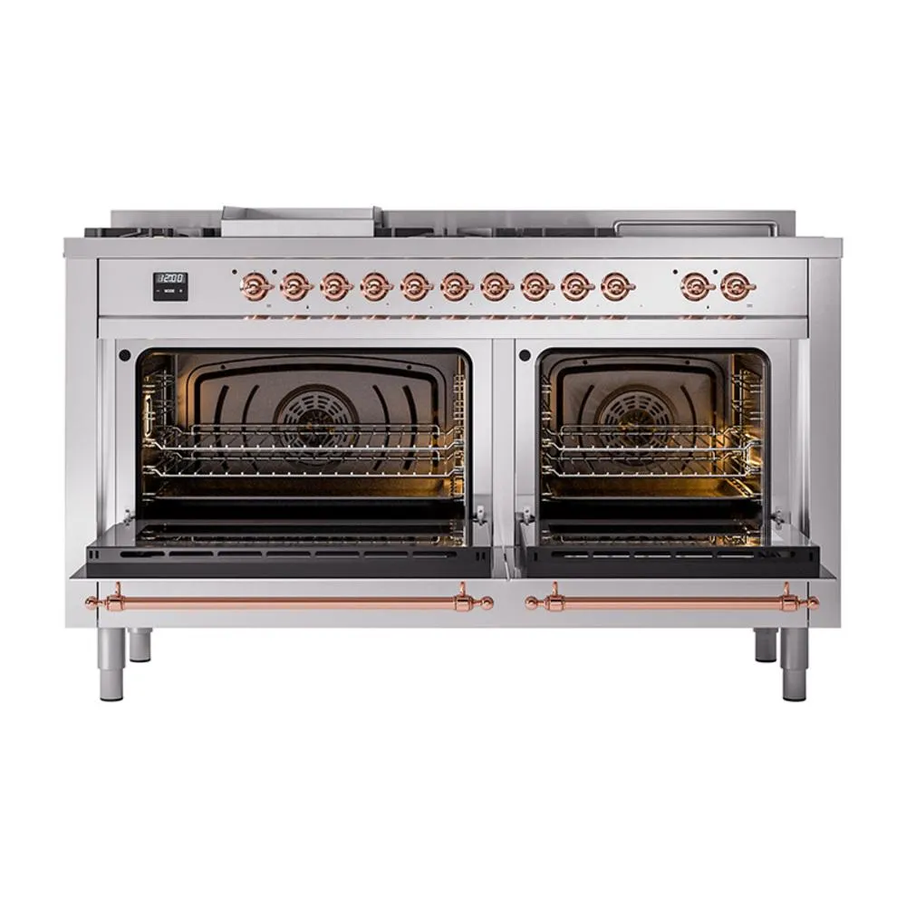 Ilve UN60FSQNMPSSP Ilve Un60Fsqnmpssp Nostalgie Ii Noblesse 60" Dual Fuel Range (7 Sealed Burners   Griddle   French Top, Natural Gas, Solid Door, Stainless Steel, Copper)