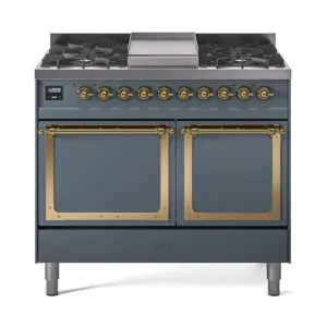 Ilve UND40FQNMPBGG Ilve Und40Fqnmpbgg Nostalgie Ii Noblesse 40" Dual Fuel Range (Natural Gas, Solid Door, Blue Grey, Brass)