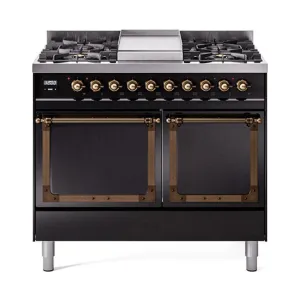 Ilve UND40FQNMPBKB Ilve Und40Fqnmpbkb Nostalgie Ii Noblesse 40" Dual Fuel Range (Natural Gas, Solid Door, Glossy Black, Burnished)