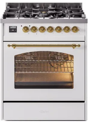 Ilve UP30NMPWHG Nostalgie Ii 30 Inch Dual Fuel Natural Gas Freestanding Range In White With Brass Trim