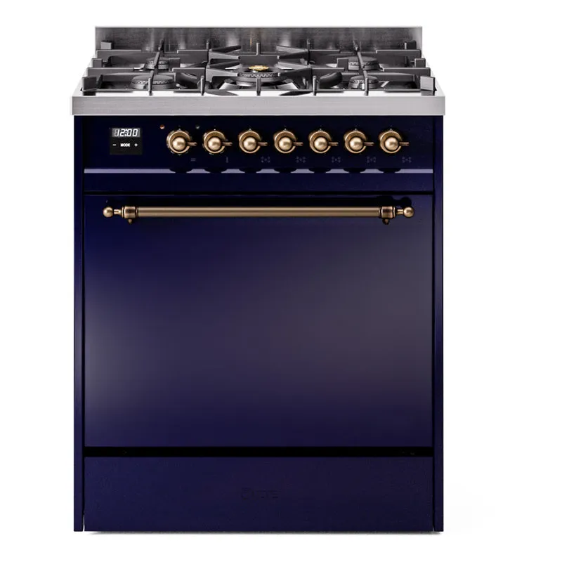 Ilve UP30QNMPMBB Nostalgie Ii 30 Inch Dual Fuel Natural Gas Freestanding Range In Blue With Bronze Trim