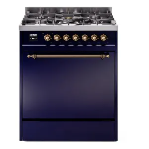 Ilve UP30QNMPMBB Nostalgie Ii 30 Inch Dual Fuel Natural Gas Freestanding Range In Blue With Bronze Trim