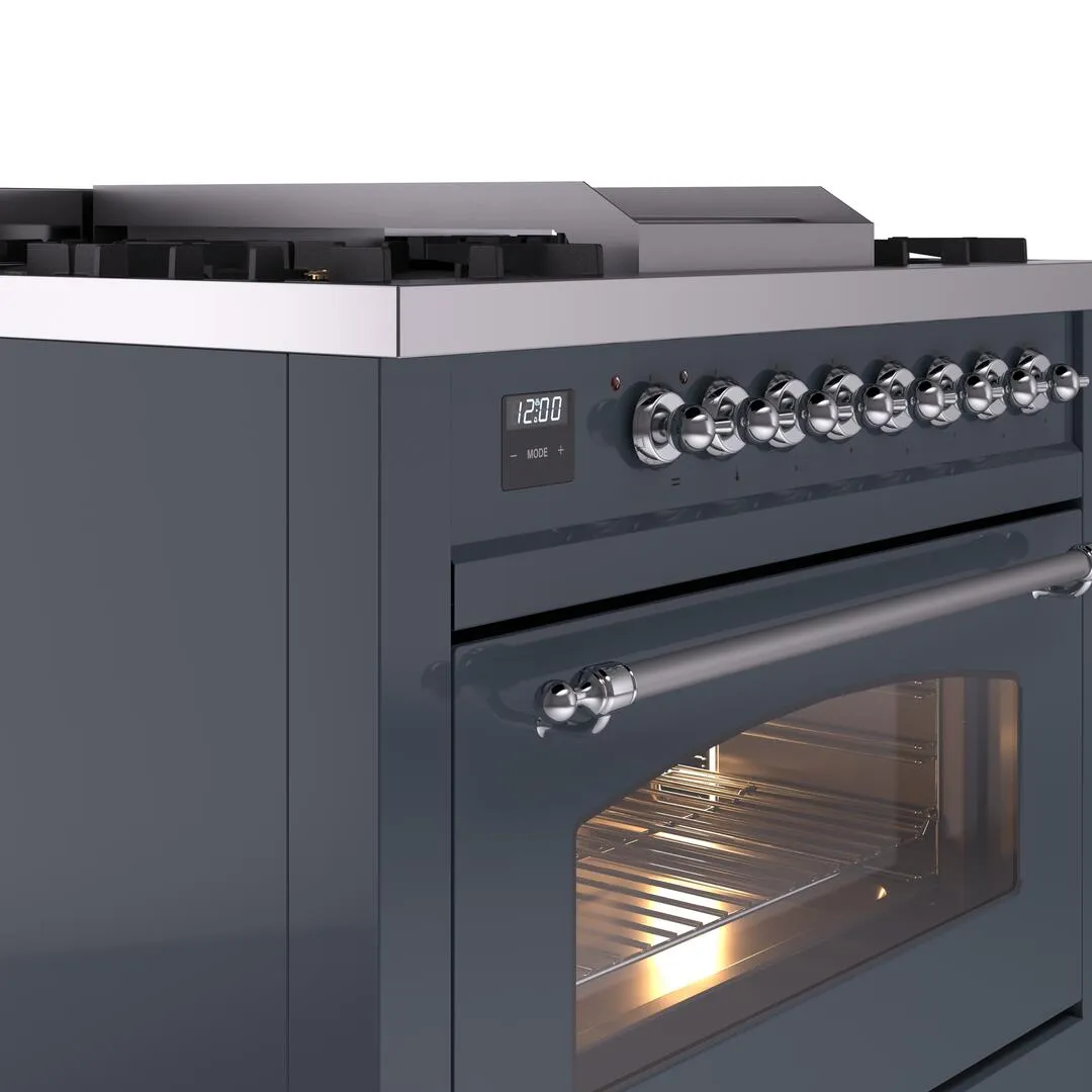 Ilve UP36FNMPBGCLP Nostalgie Ii 36 Inch Dual Fuel Liquid Propane Freestanding Range In Blue Grey With Chrome Trim