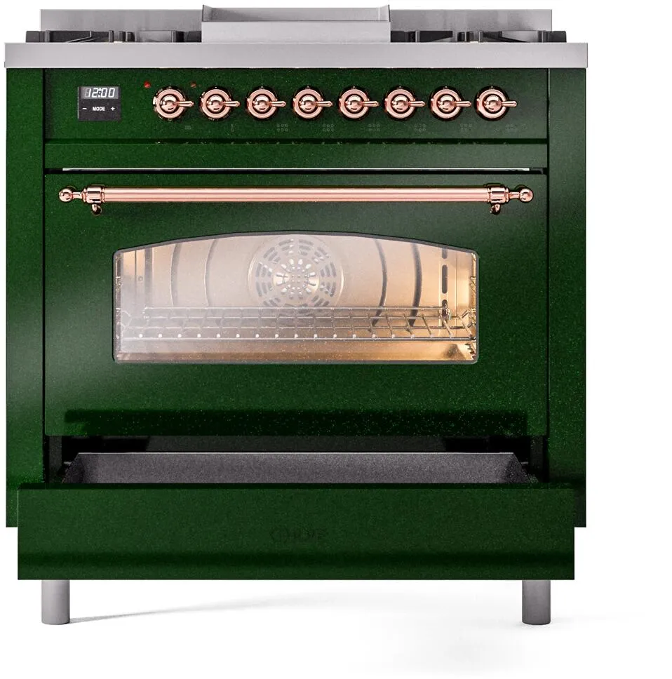 Ilve UP36FNMPEGPLP Nostalgie Ii 36 Inch Dual Fuel Liquid Propane Freestanding Range In Emerald Green With Copper Trim