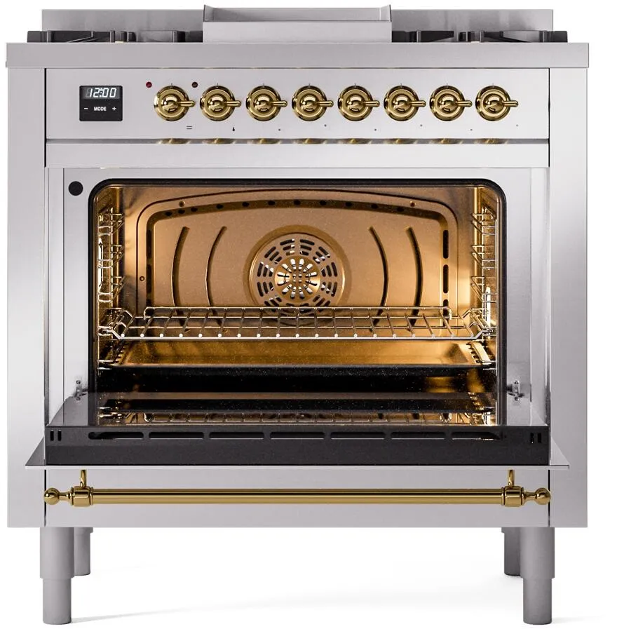 Ilve UP36FNMPSSG Nostalgie Ii 36 Inch Dual Fuel Natural Gas Freestanding Range In Stainless Steel With Brass Trim