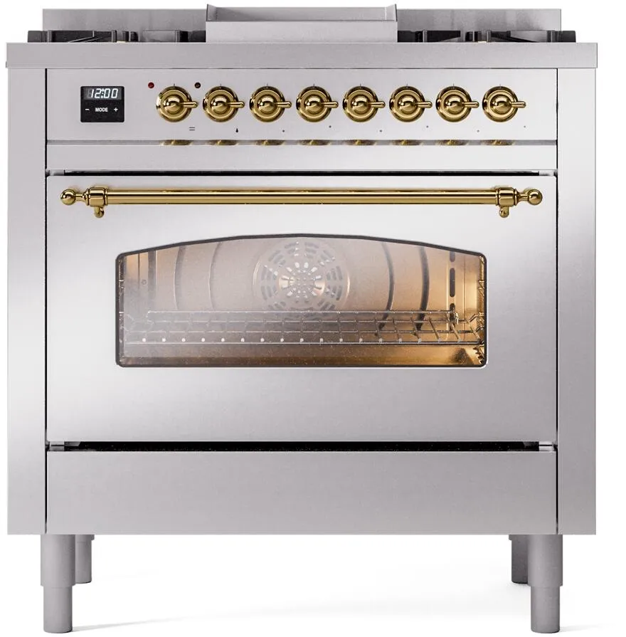 Ilve UP36FNMPSSG Nostalgie Ii 36 Inch Dual Fuel Natural Gas Freestanding Range In Stainless Steel With Brass Trim