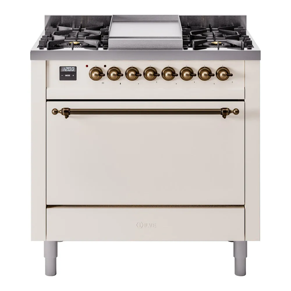 Ilve UP36FQNMPAWB Nostalgie Ii 36 Inch Dual Fuel Natural Gas Freestanding Range In Antique White With Bronze Trim