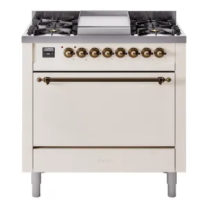 Ilve UP36FQNMPAWB Nostalgie Ii 36 Inch Dual Fuel Natural Gas Freestanding Range In Antique White With Bronze Trim