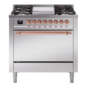 Ilve UP36FQNMPSSP Nostalgie Ii 36 Inch Dual Fuel Natural Gas Freestanding Range In Stainless Steel With Copper Trim