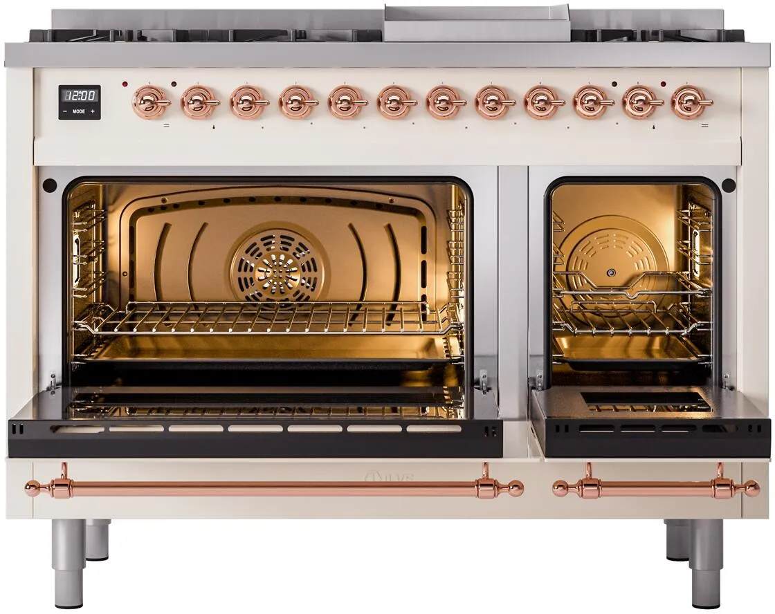 Ilve UP48FNMPAWP Nostalgie Ii 48 Inch Dual Fuel Natural Gas Freestanding Range In Antique White With Copper Trim