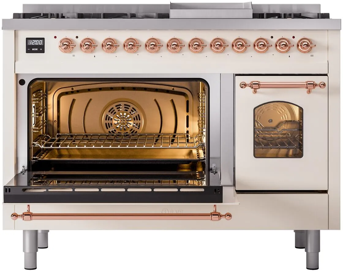 Ilve UP48FNMPAWP Nostalgie Ii 48 Inch Dual Fuel Natural Gas Freestanding Range In Antique White With Copper Trim