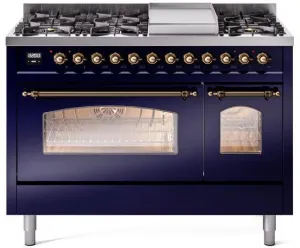 Ilve UP48FNMPMBBLP Nostalgie Ii 48 Inch Dual Fuel Liquid Propane Freestanding Range In Blue With Bronze Trim
