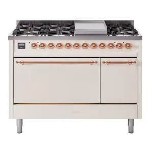 Ilve UP48FQNMPAWP Nostalgie Ii 48 Inch Dual Fuel Natural Gas Freestanding Range In Antique White With Copper Trim