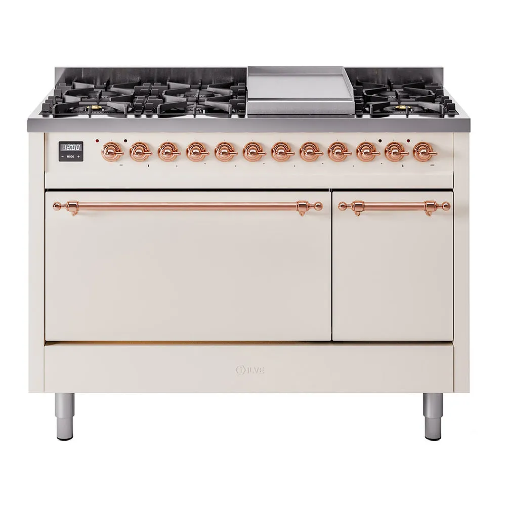 Ilve UP48FQNMPAWP Nostalgie Ii 48 Inch Dual Fuel Natural Gas Freestanding Range In Antique White With Copper Trim