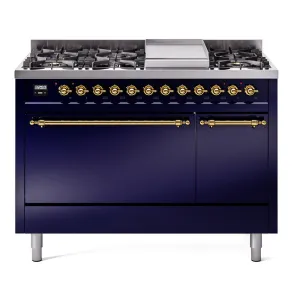 Ilve UP48FQNMPMBG Nostalgie Ii 48 Inch Dual Fuel Natural Gas Freestanding Range In Blue With Brass Trim