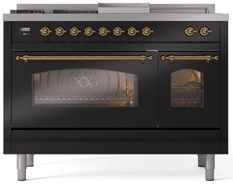 Ilve UP48FSNMPBKG Nostalgie Ii 48 Inch Dual Fuel Natural Gas Freestanding Range In Glossy Black With Brass Trim