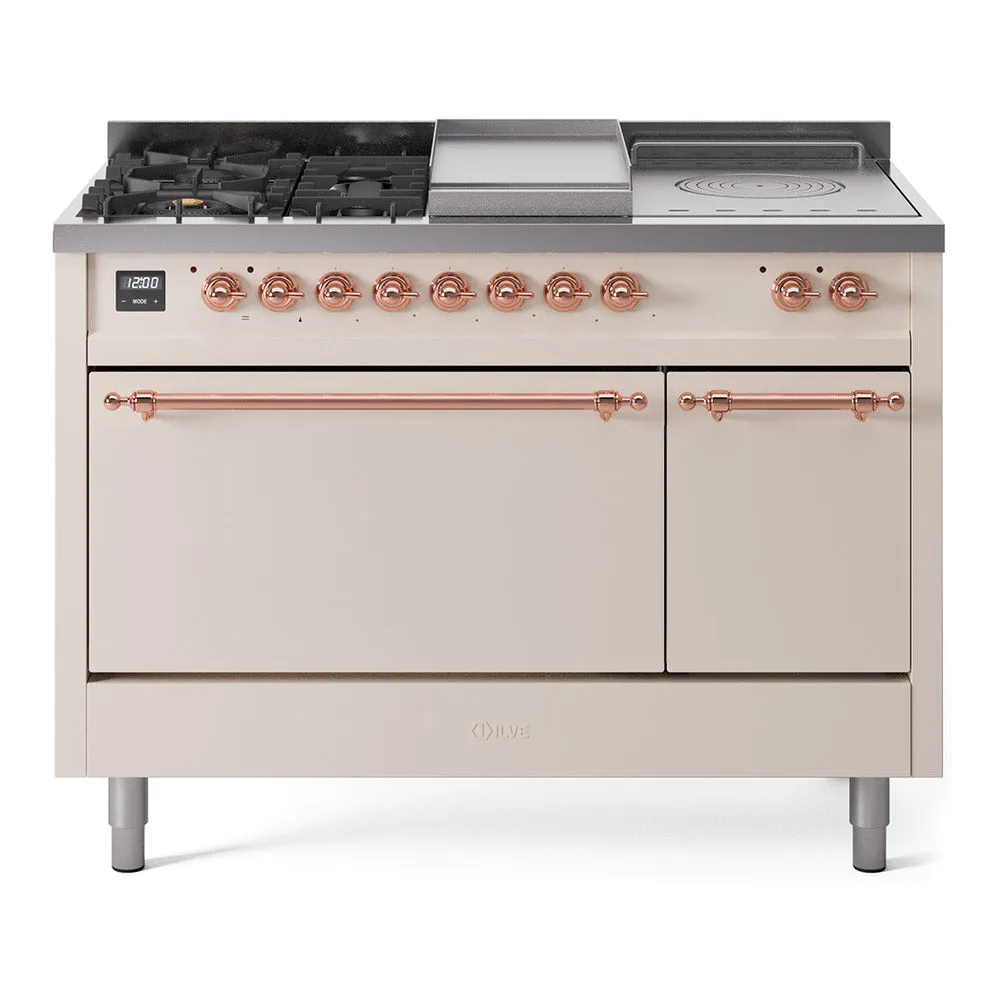 Ilve UP48FSQNMPAWP Nostalgie Ii 48 Inch Dual Fuel Natural Gas Freestanding Range In Antique White With Copper Trim