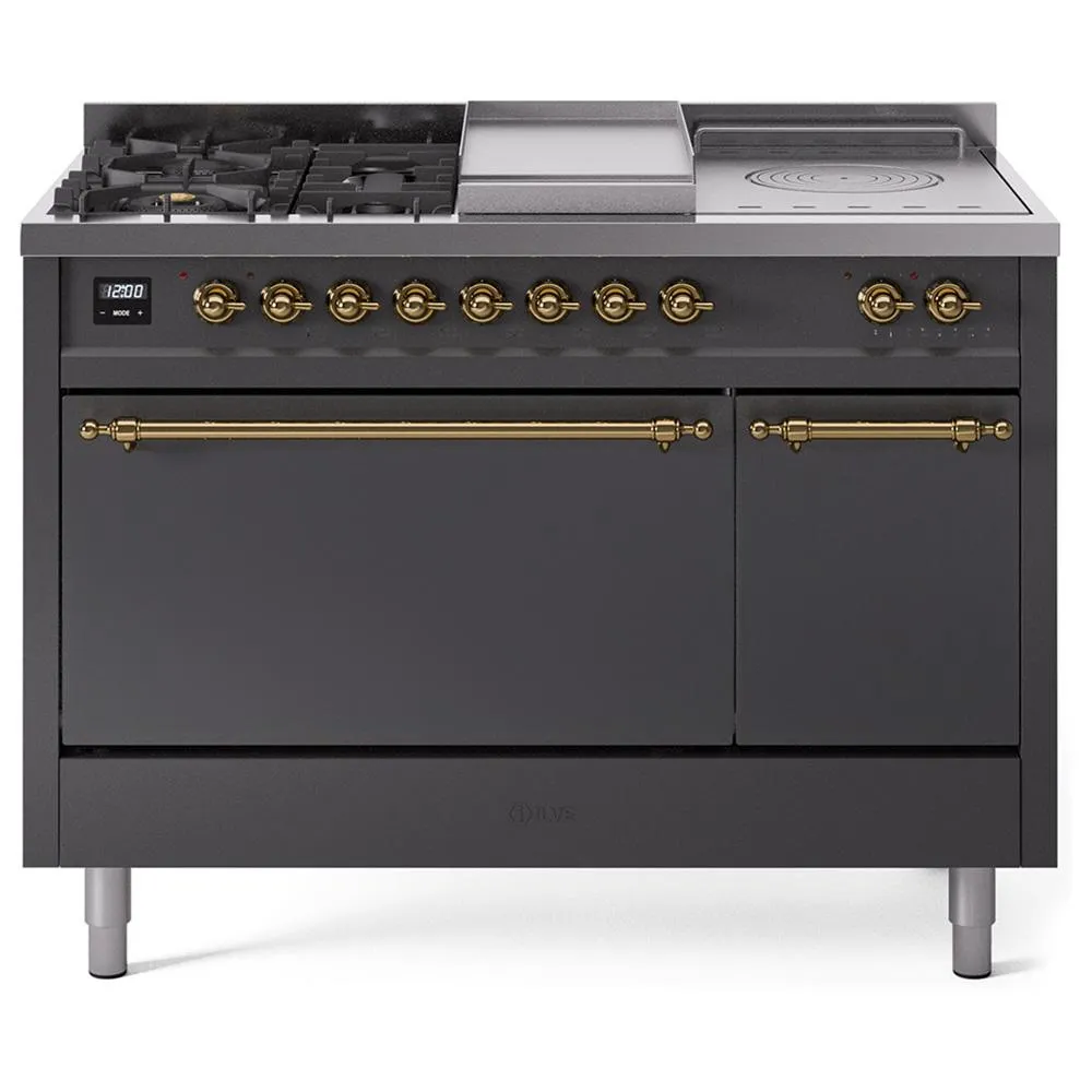 Ilve UP48FSQNMPMGG Ilve Nostalgie Ii 48 Up48Fsqnmpmgg Freestanding Dual Fuel Range With 5 Sealed Burners And French Top Double Oven With Solid Door In Graphite Matte With Brass Knobs