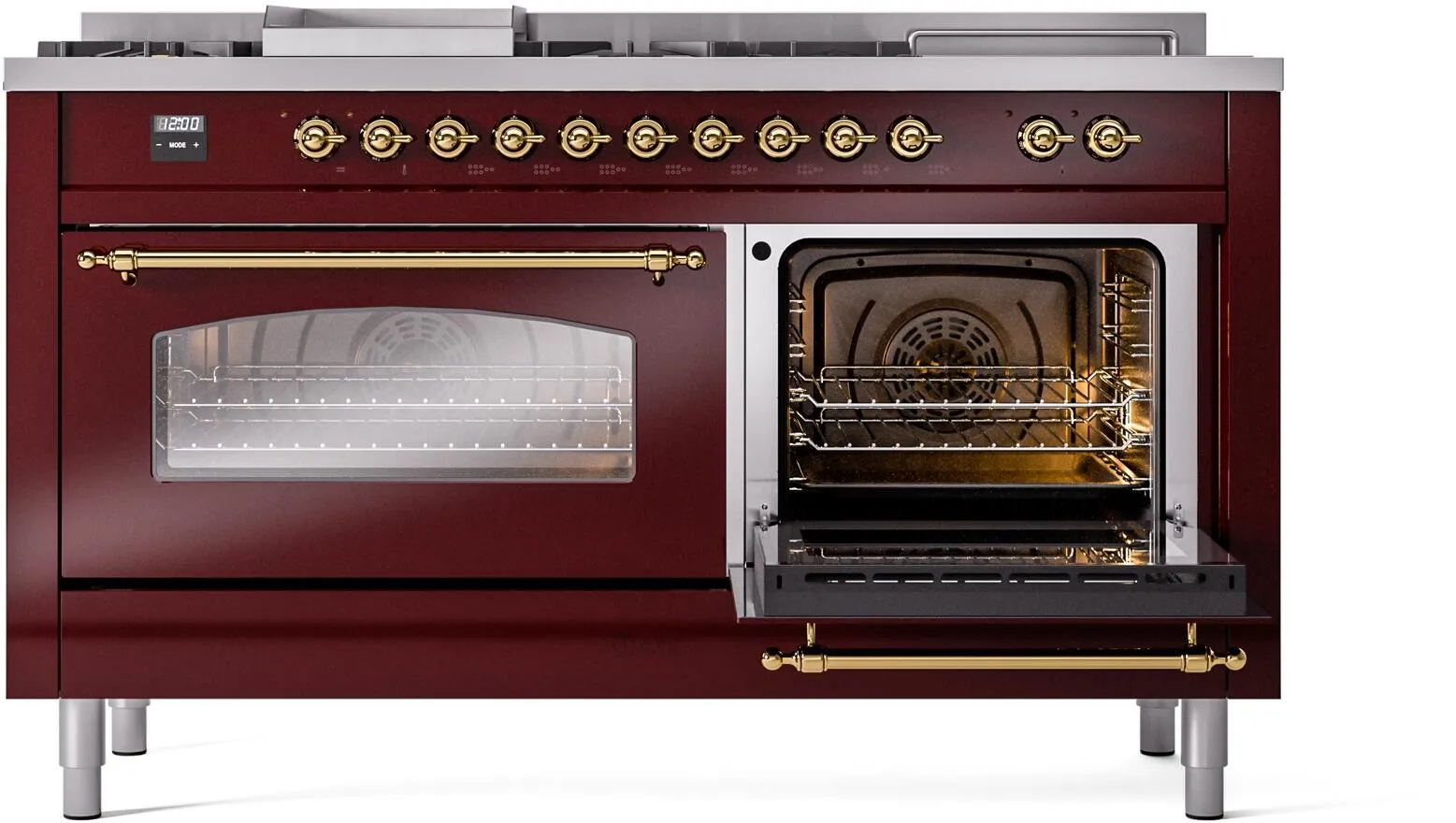 Ilve UP60FSNMPBUGLP Nostalgie Ii 60 Inch Dual Fuel Liquid Propane Freestanding Range In Burgundy With Brass Trim