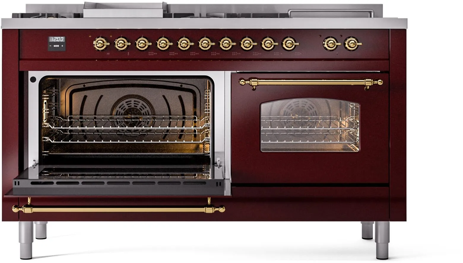 Ilve UP60FSNMPBUGLP Nostalgie Ii 60 Inch Dual Fuel Liquid Propane Freestanding Range In Burgundy With Brass Trim
