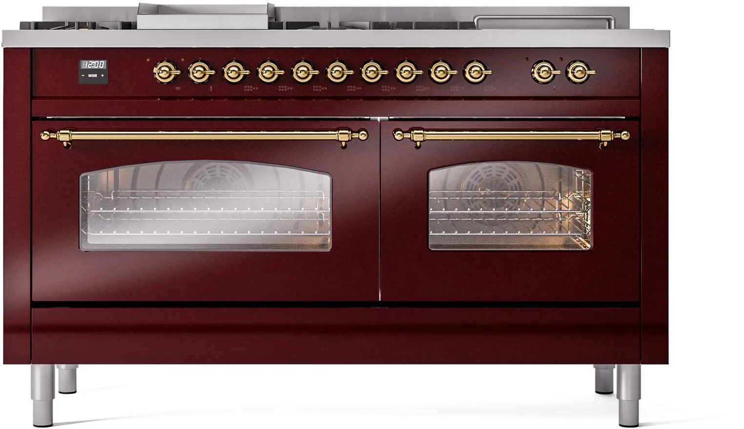 Ilve UP60FSNMPBUGLP Nostalgie Ii 60 Inch Dual Fuel Liquid Propane Freestanding Range In Burgundy With Brass Trim