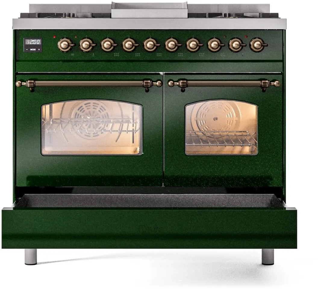 Ilve UPD40FNMPEGB Nostalgie Ii 40 Inch Dual Fuel Natural Gas Freestanding Range In Emerald Green With Bronze Trim