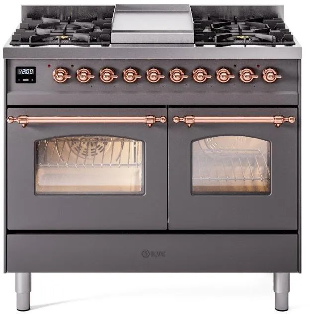 Ilve UPD40FNMPMGPLP Nostalgie Ii 40 Inch Dual Fuel Liquid Propane Freestanding Range In Matte Graphite With Copper Trim