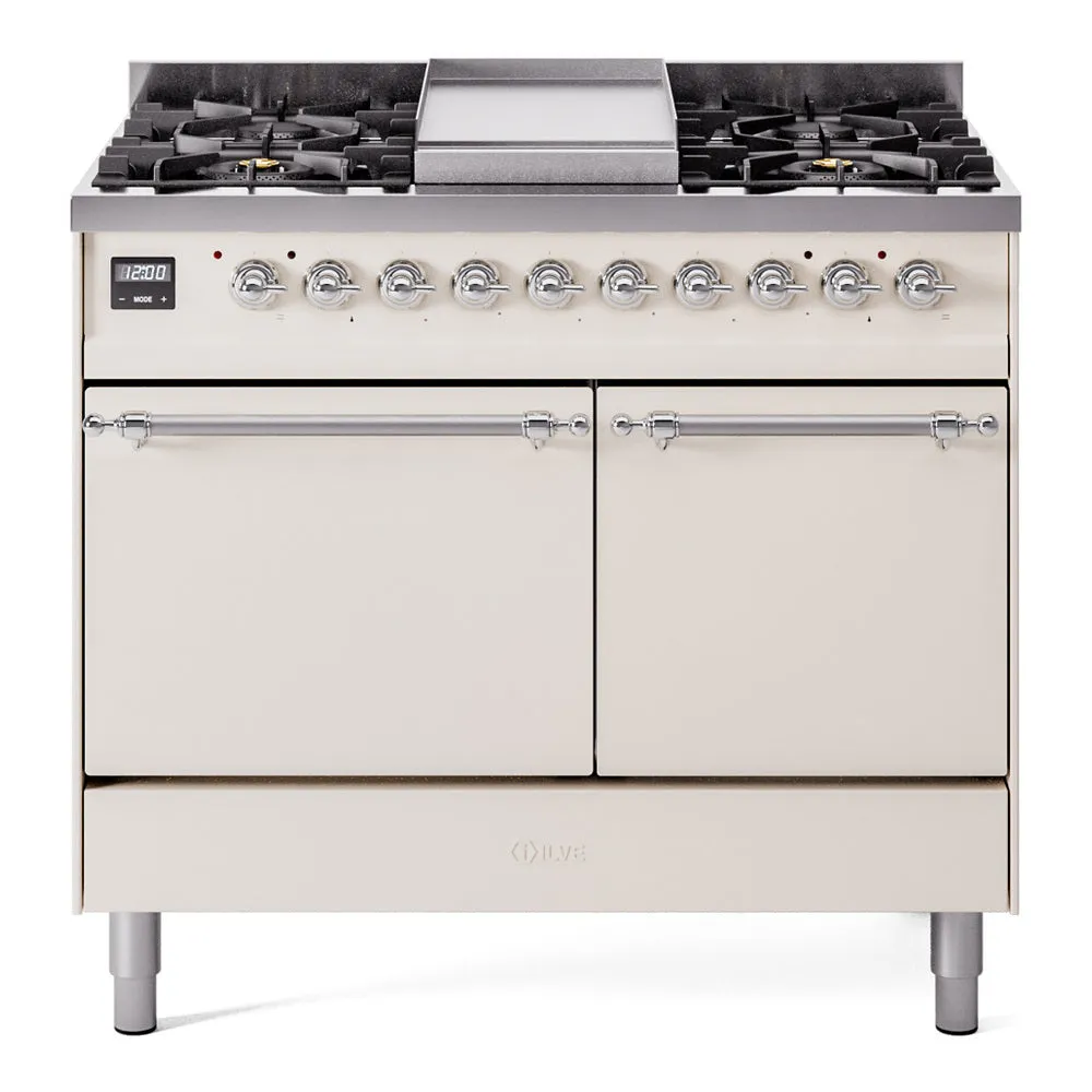 Ilve UPD40FQNMPAWCLP Nostalgie Ii 40 Inch Dual Fuel Liquid Propane Freestanding Range In Antique White With Chrome Trim