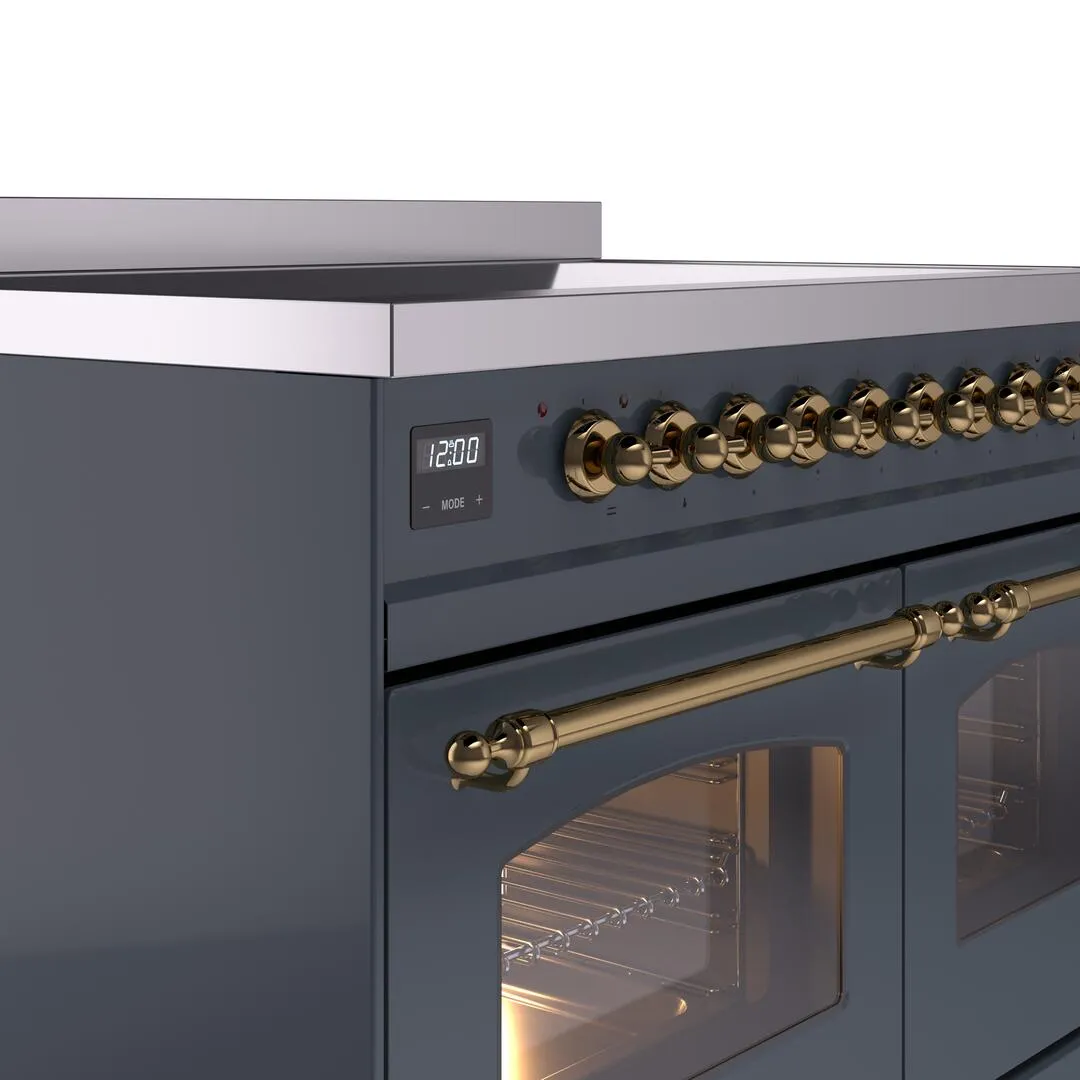 Ilve UPDI406NMPBGG Nostalgie Ii 40 Inch Electric Freestanding Range In Blue Grey With Brass Trim