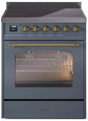 Ilve UPI304NMPBGG Nostalgie Ii 30 Inch Electric Freestanding Range In Blue Grey With Brass Trim