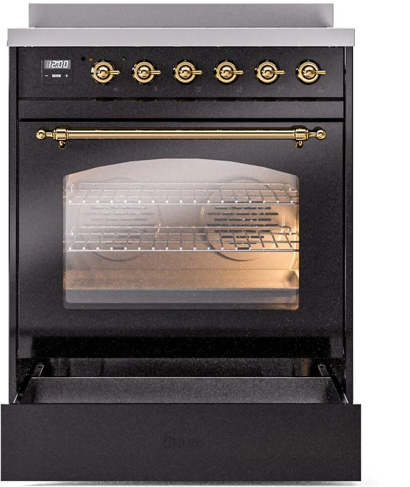 Ilve UPI304NMPBKG Nostalgie Ii 30 Inch Electric Freestanding Range In Glossy Black With Brass Trim